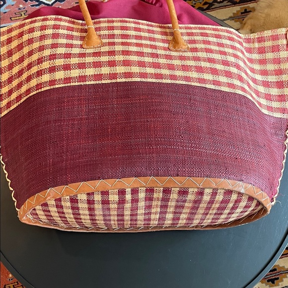 OOAK Gingham raffia and genuine leather giant Red and Tan Checkered Tote Bag - Picture 6 of 13